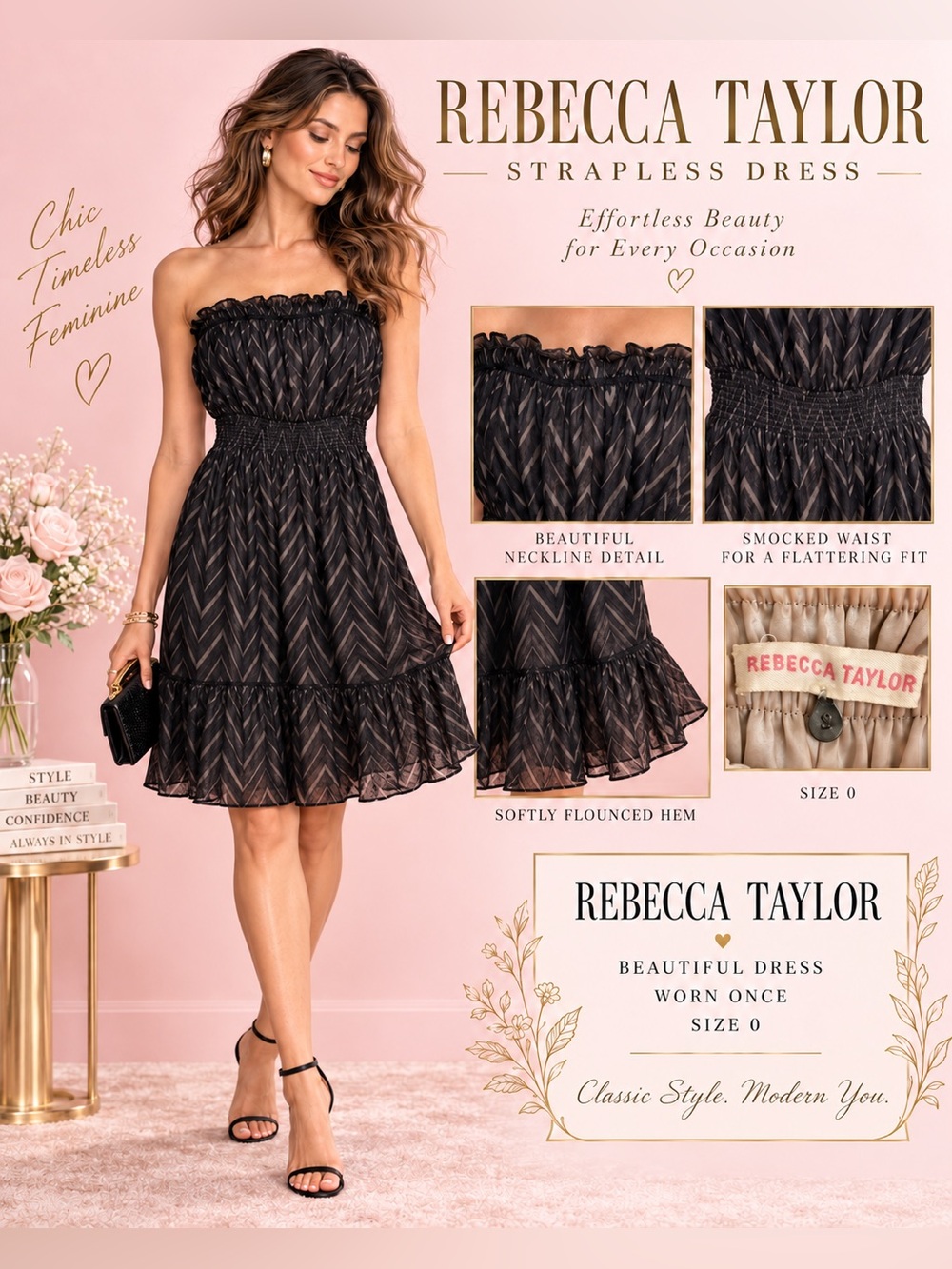 - REBECCA TAYLOR strapless dress worn once stunning waist stretches to 20 inch